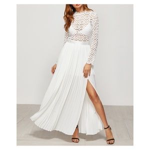 White Embroidered Top Pleated Maxi Dress